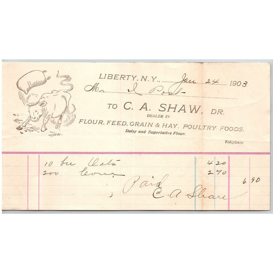 Liberty, NY C.A. Shaw Flour Feed Jan? 1903 Billhead w/ Angry Cow Illustration