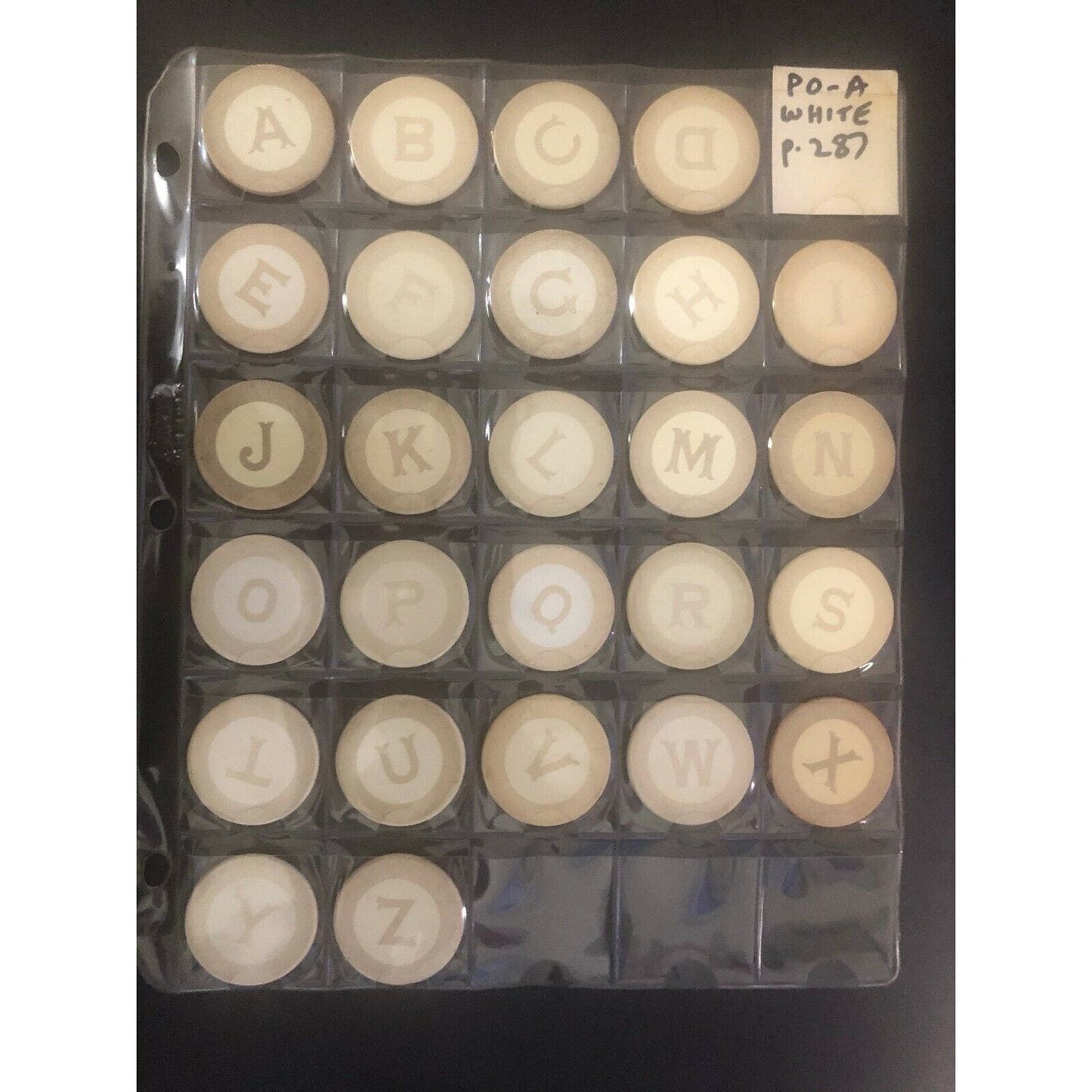 Complete Single Letter White "PO-A" P. 287 Clay Poker Chip Alphabet Eisenstadt