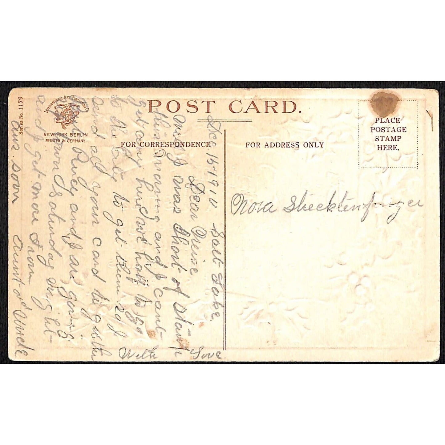 Christmas Postcard "Best Wishes" Holly Embossed Parchment 1910