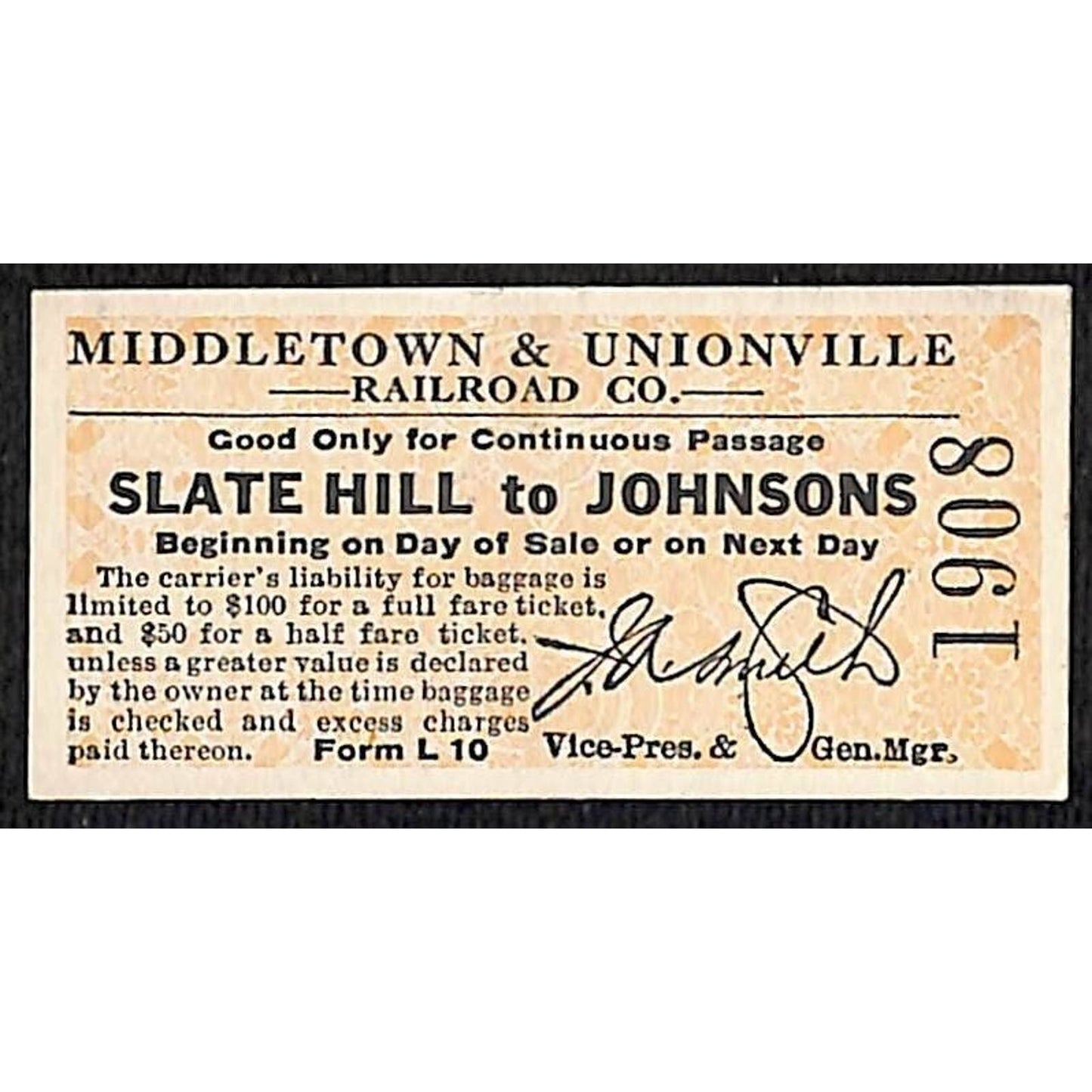 Middletown & Unionville Railroad (1913-1946) Ticket Slate Hill Johnsons #1908