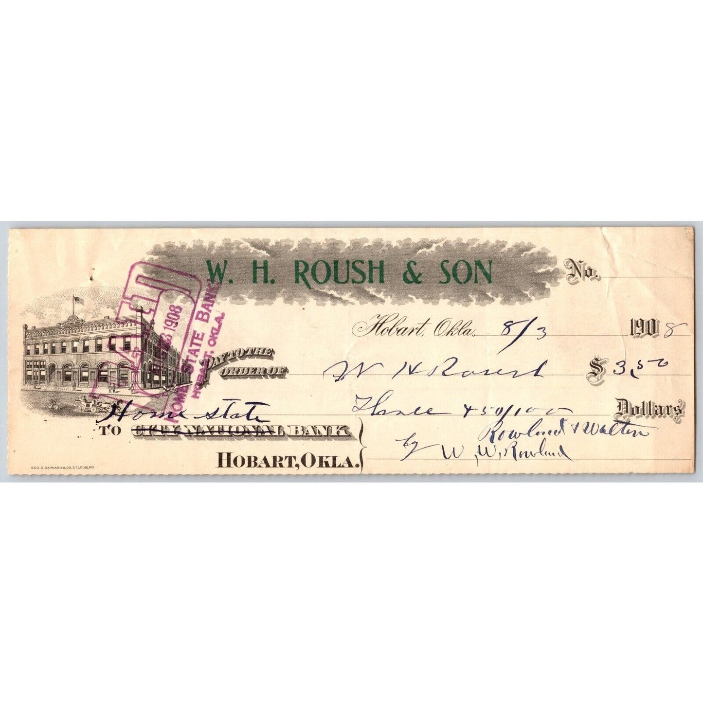 Hobart Oklahoma 1908 W.H. Rouch & Son Bank Check - Scarce