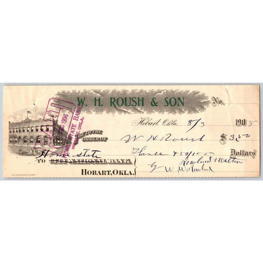 Hobart Oklahoma 1908 W.H. Rouch & Son Bank Check - Scarce