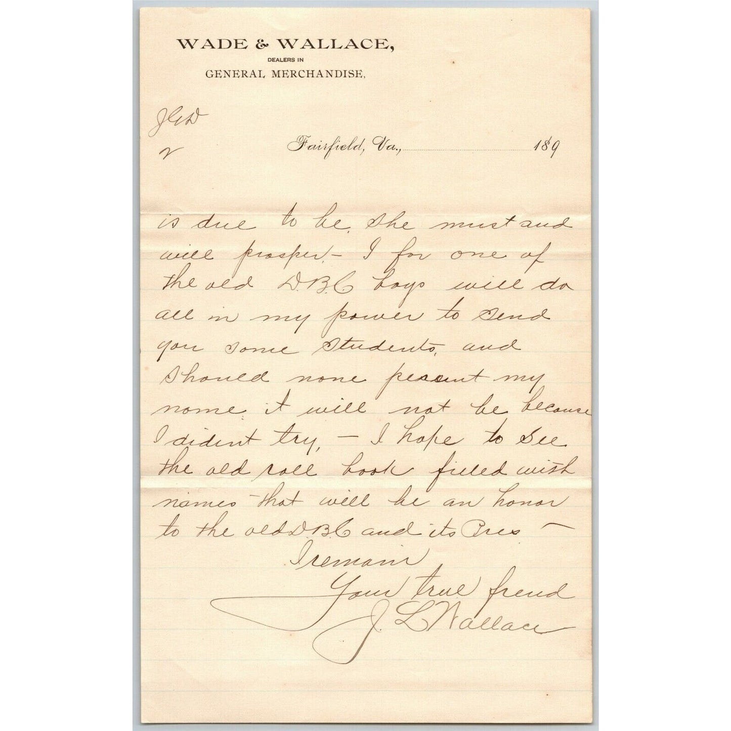 1897 2pp. Scarce Wade & Wallace General Merchandise Fairfield, VA Letterhead