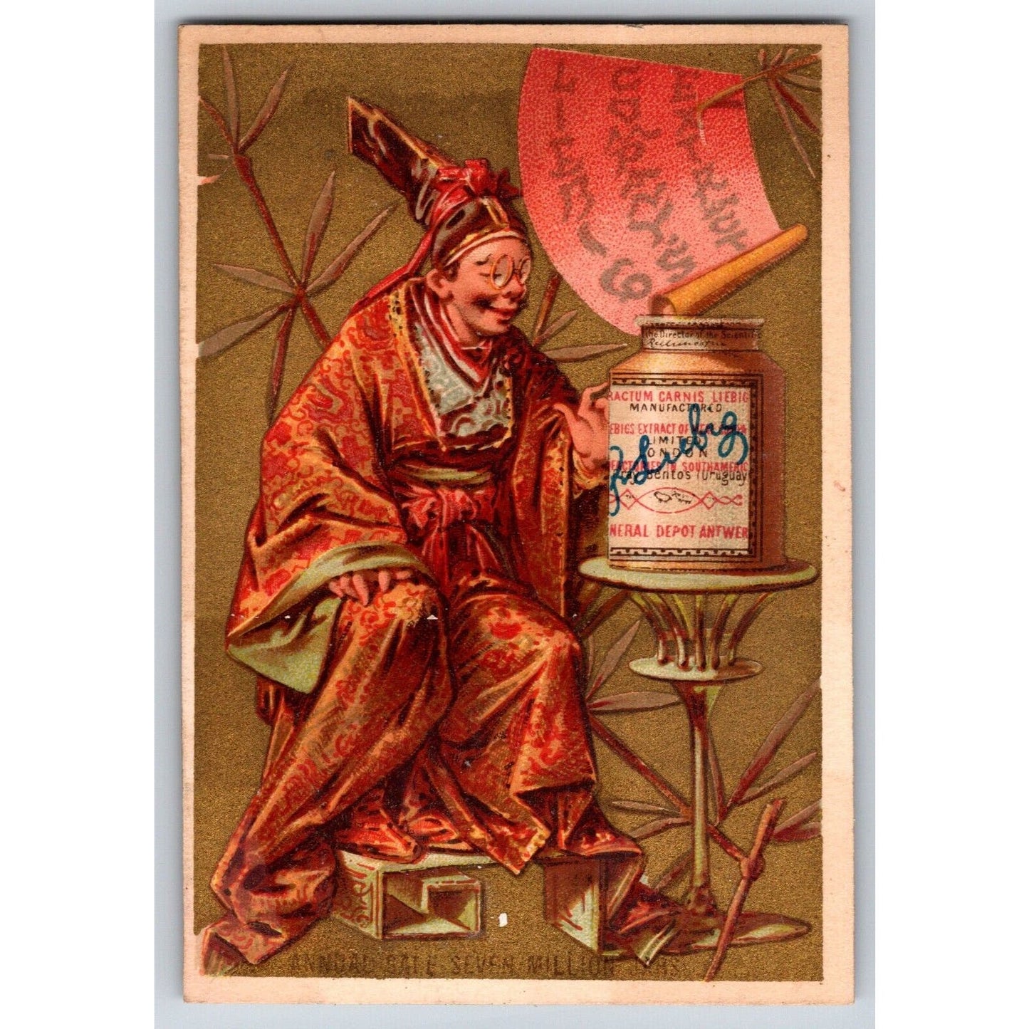Asian Themed Victorian Trade Card Liebig Meat Extract Man Sits Admiring Product