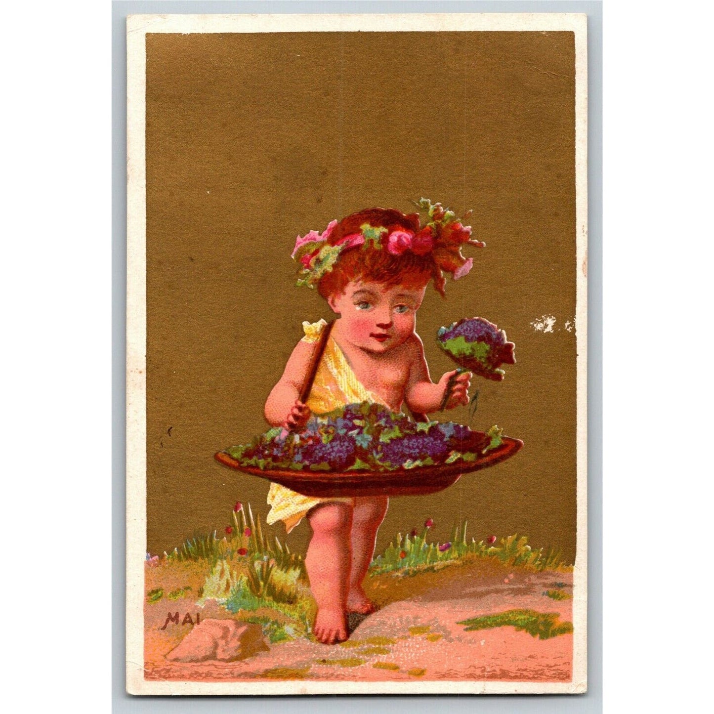 Gilt "Mai" Child Gathers Flowers (Soapine) Unmarked Victorian Trade Card