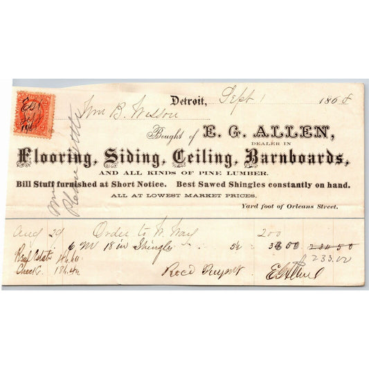 Detroit Letterhead E.G. Allen Flooring Siding Barnboards 1868 w/ Rev Stamp