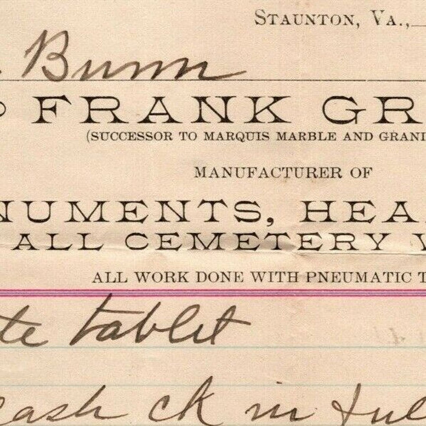 1916 Scarce Frank Grim Headstones Cemetery Work Staunton, VA Letterhead