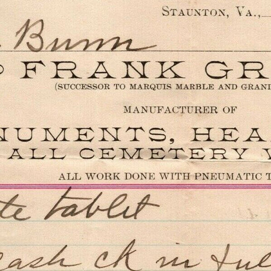 1916 Scarce Frank Grim Headstones Cemetery Work Staunton, VA Letterhead