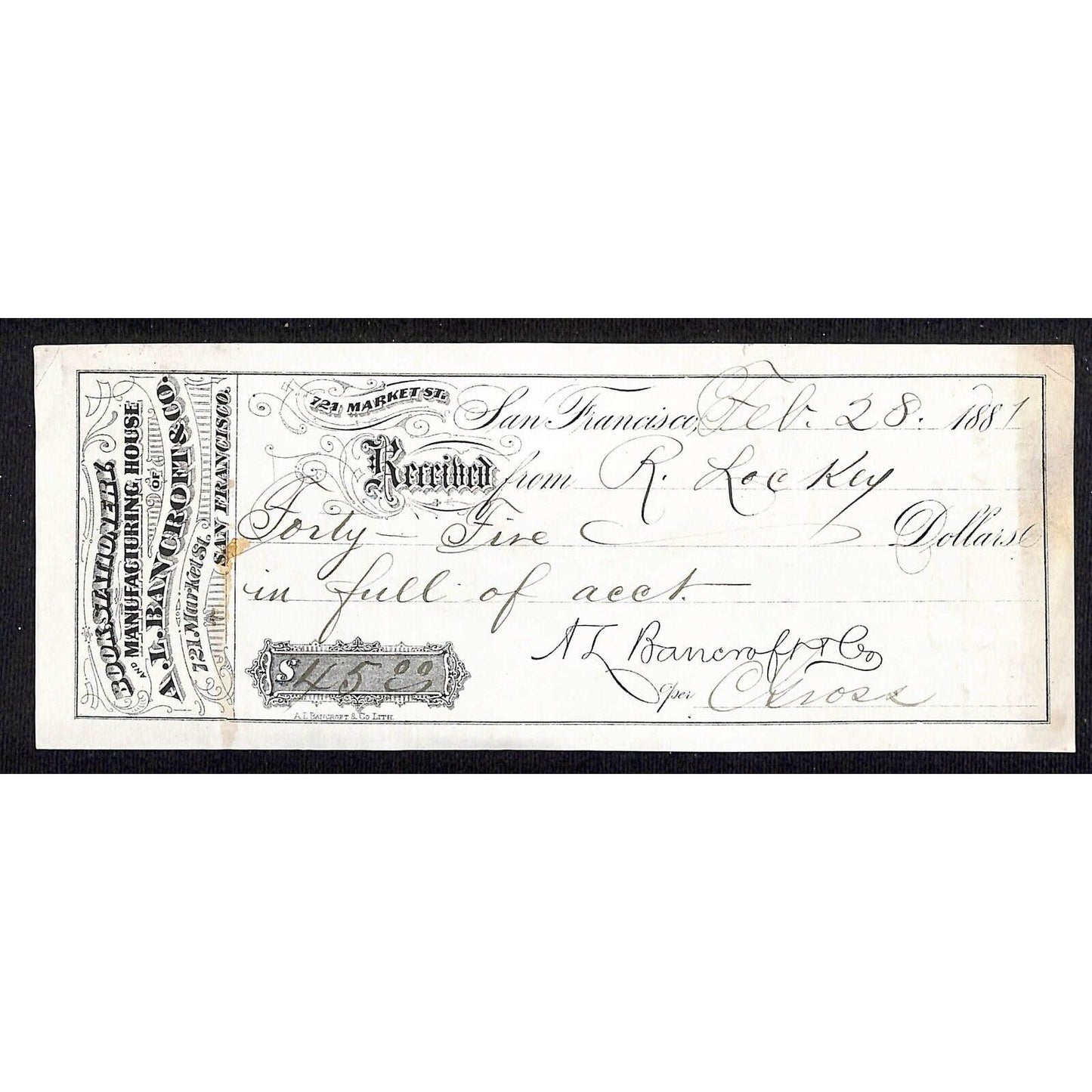 A.L. Bancroft & Co. Books Stationary Publisher San Francisco 1881 Receipt Check