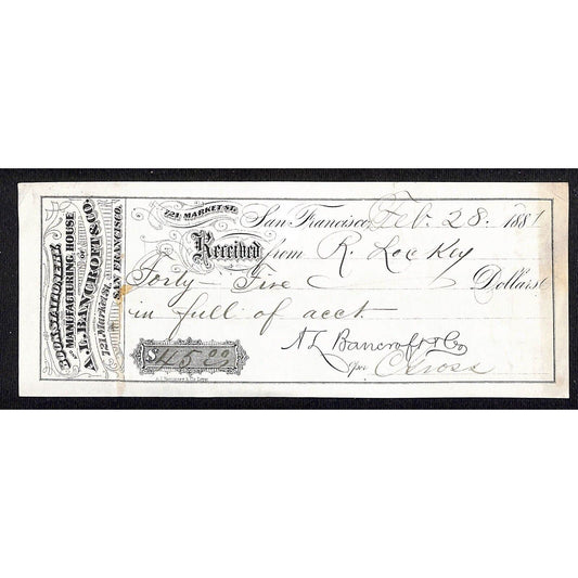 A.L. Bancroft & Co. Books Stationary Publisher San Francisco 1881 Receipt Check