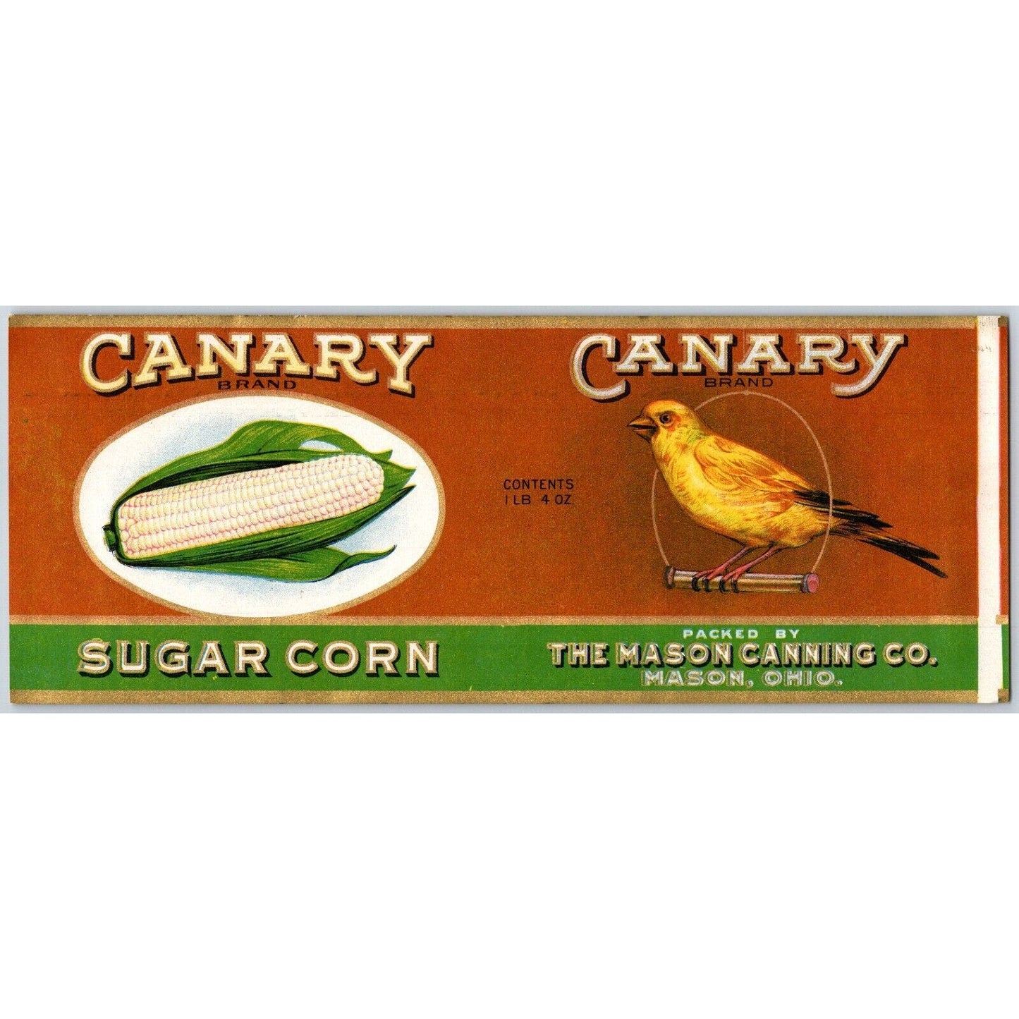 Canary Sugar Corn Paper Can Label Mason Canning Co. Mason, Ohio c1920's VGC
