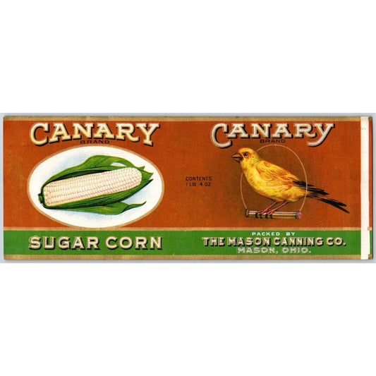 Canary Sugar Corn Paper Can Label Mason Canning Co. Mason, Ohio c1920's VGC