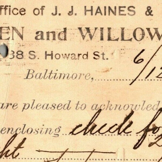 1900 Adv. Payment Conf. Postcard J.J. Haines Willow Ware Baltimore E. Baker*
