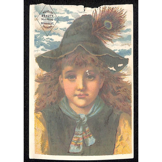 Beauty Maison Demorest Novelty Fashion Victorian Trade Card Girl Peacock Feather