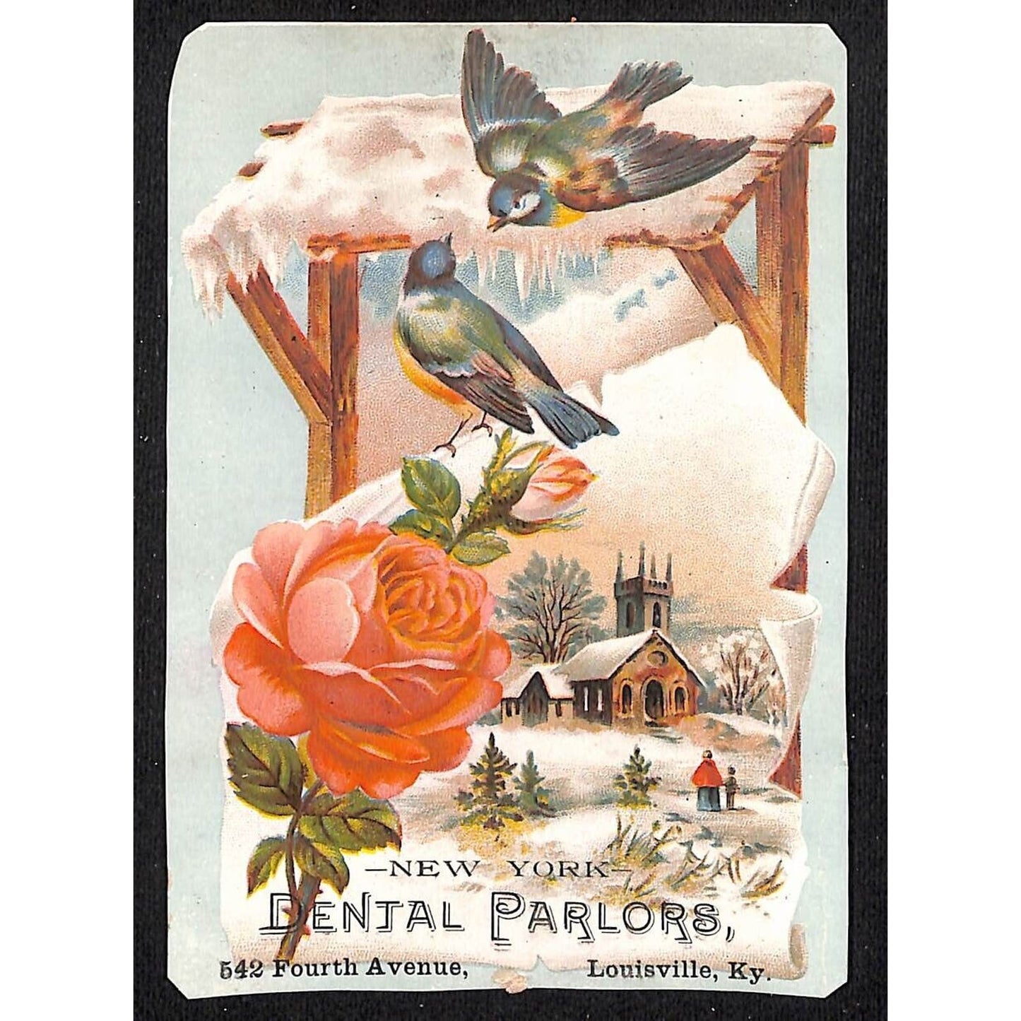 New York Dental Parlors Louisville KY Victorian Trade Card Church Winter Birds