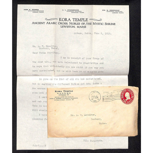 Newburgh, ME Amos W. Knowlton* 1915 "Kora Temple" Letterhead re: Contribution