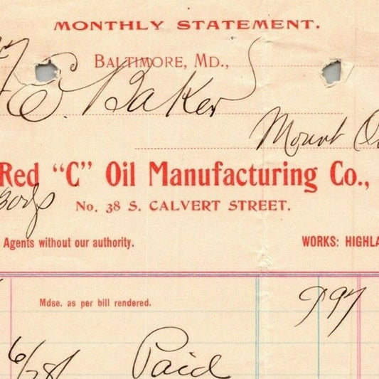 1898 Letterhead Statement Red "C" Oil Mfg. Co. Baltimore Ephraim Baker*