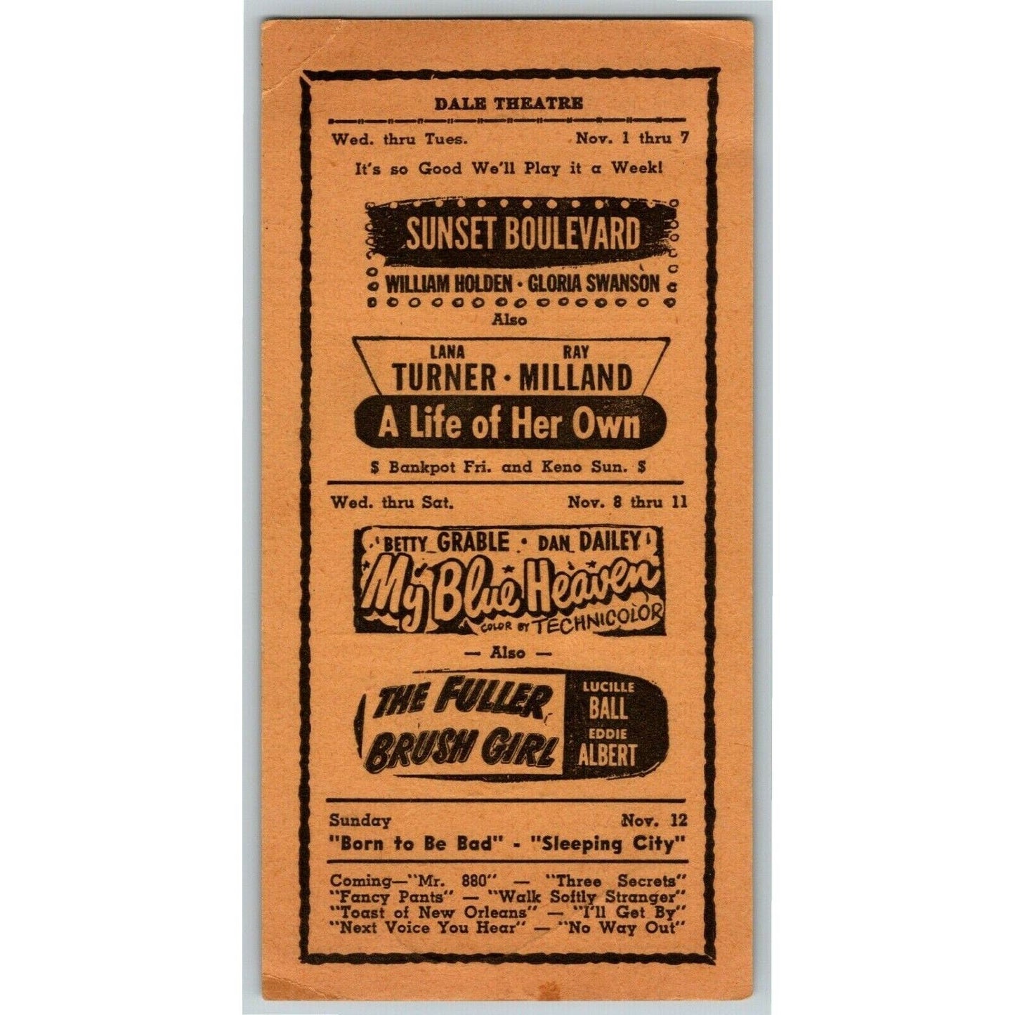 1950 Movie Feature Film Flyer / Hand Out - Dale Theatre, Eagle Rock Blvd, AL