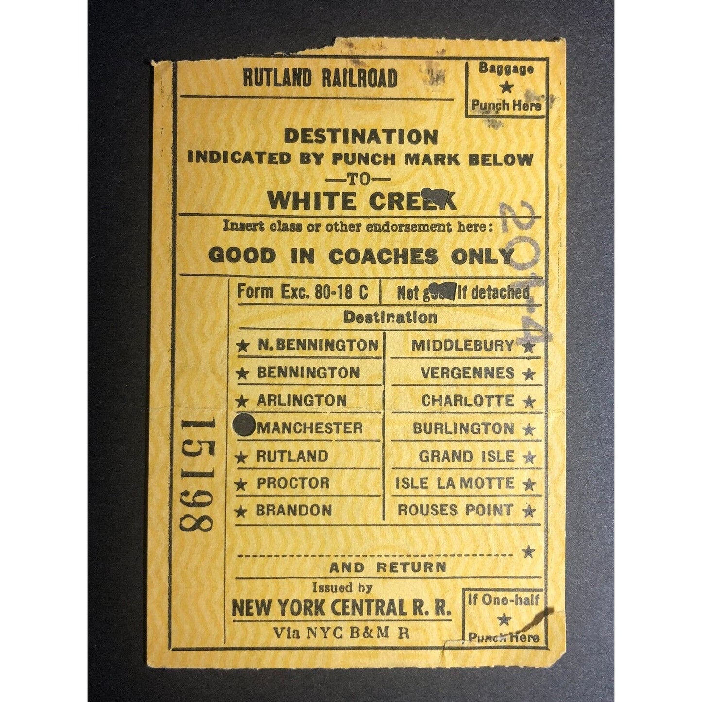 1953 Rutland Railroad / NY Central RR to White Creek Check / Ticket