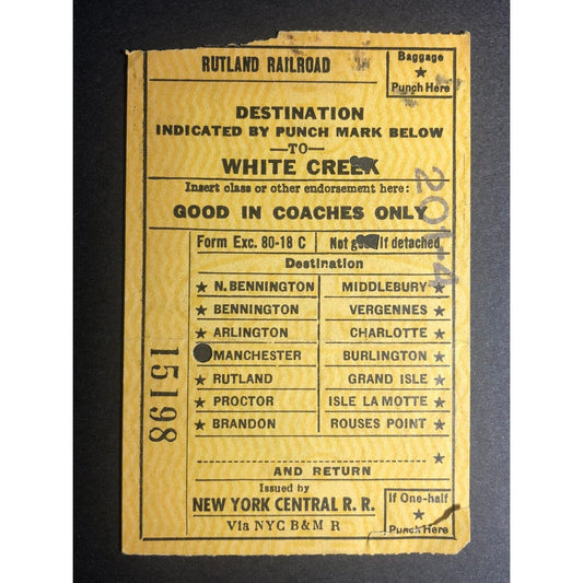 1953 Rutland Railroad / NY Central RR to White Creek Check / Ticket