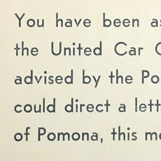 c1960's United Car Clubs of Pomona / Police Dept. Thank You Small Hand-Out