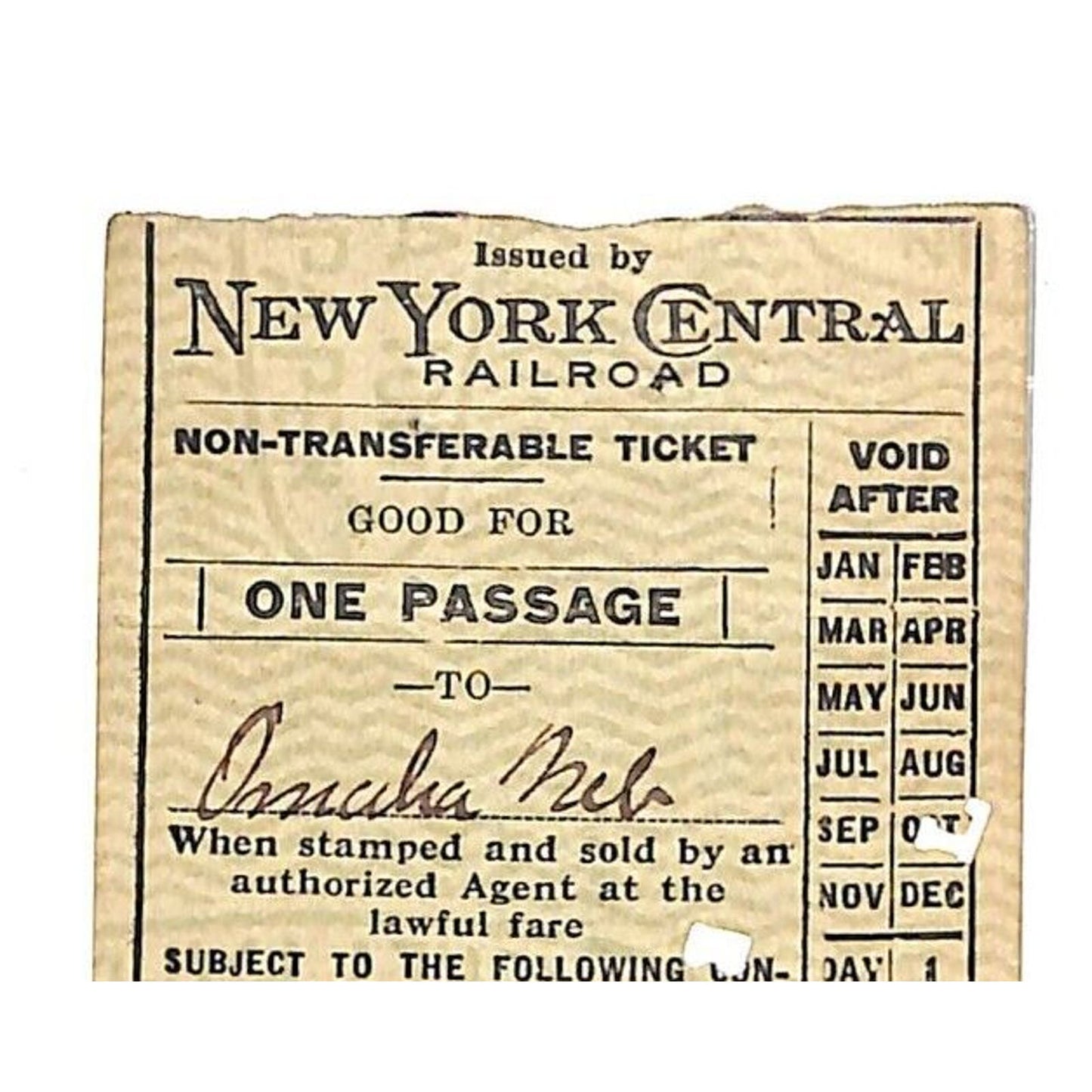 New York Central Railroad Ticket 1920 via CGW "Chicago to" #2923