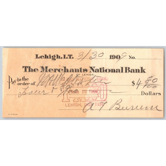Lehigh, Oklahoma Indian Territory* 1909 Merchants National Bank Check - Scarce