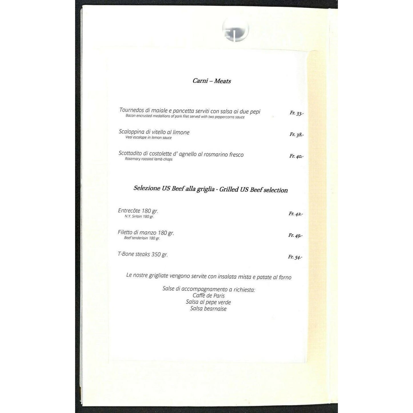 Casinò Lugano Large Stiff Panel Dinner Menu Italian Restaurant Switzerland