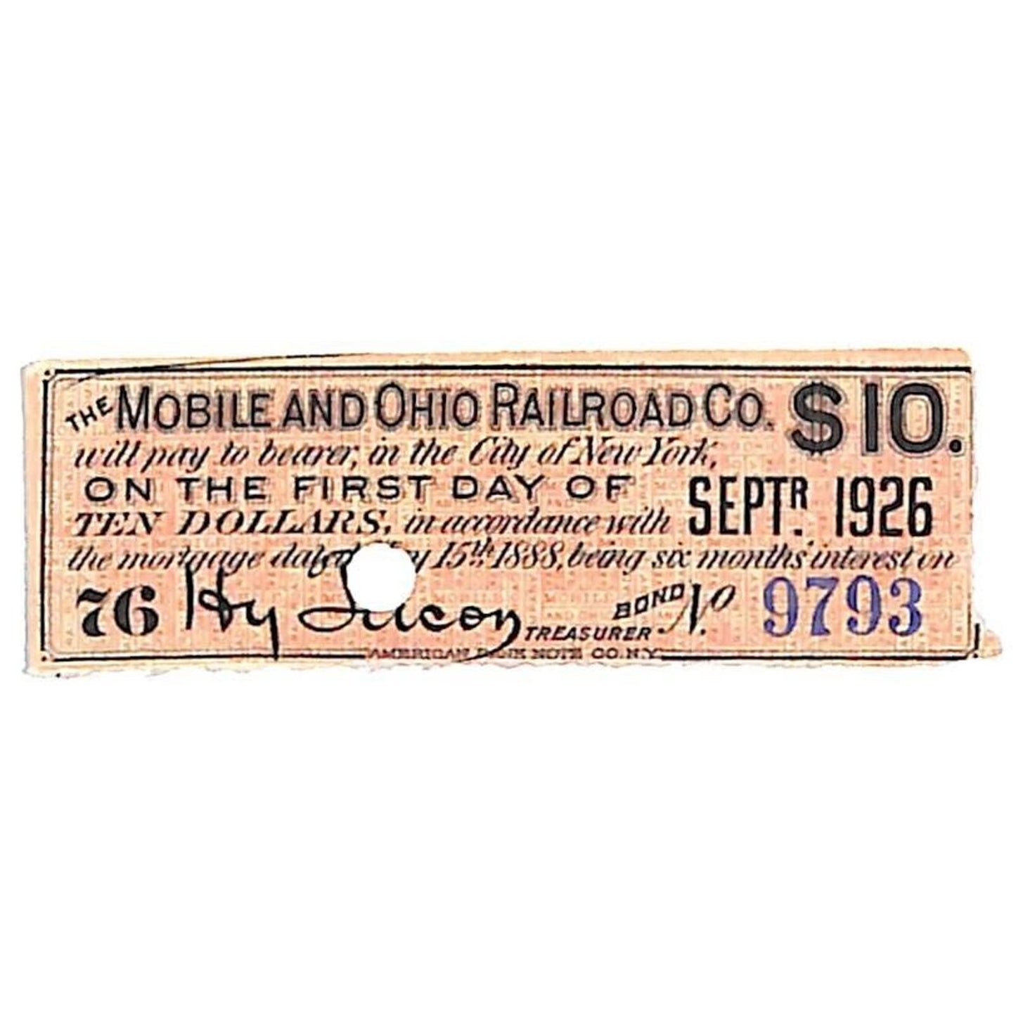 1888 Mobile and Ohio Railroad Small $10 Bond Certificate Coupon Due 1926 #9793