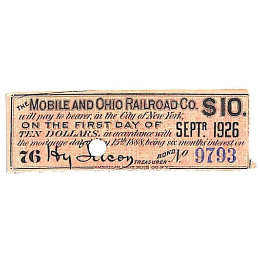 1888 Mobile and Ohio Railroad Small $10 Bond Certificate Coupon Due 1926 #9793