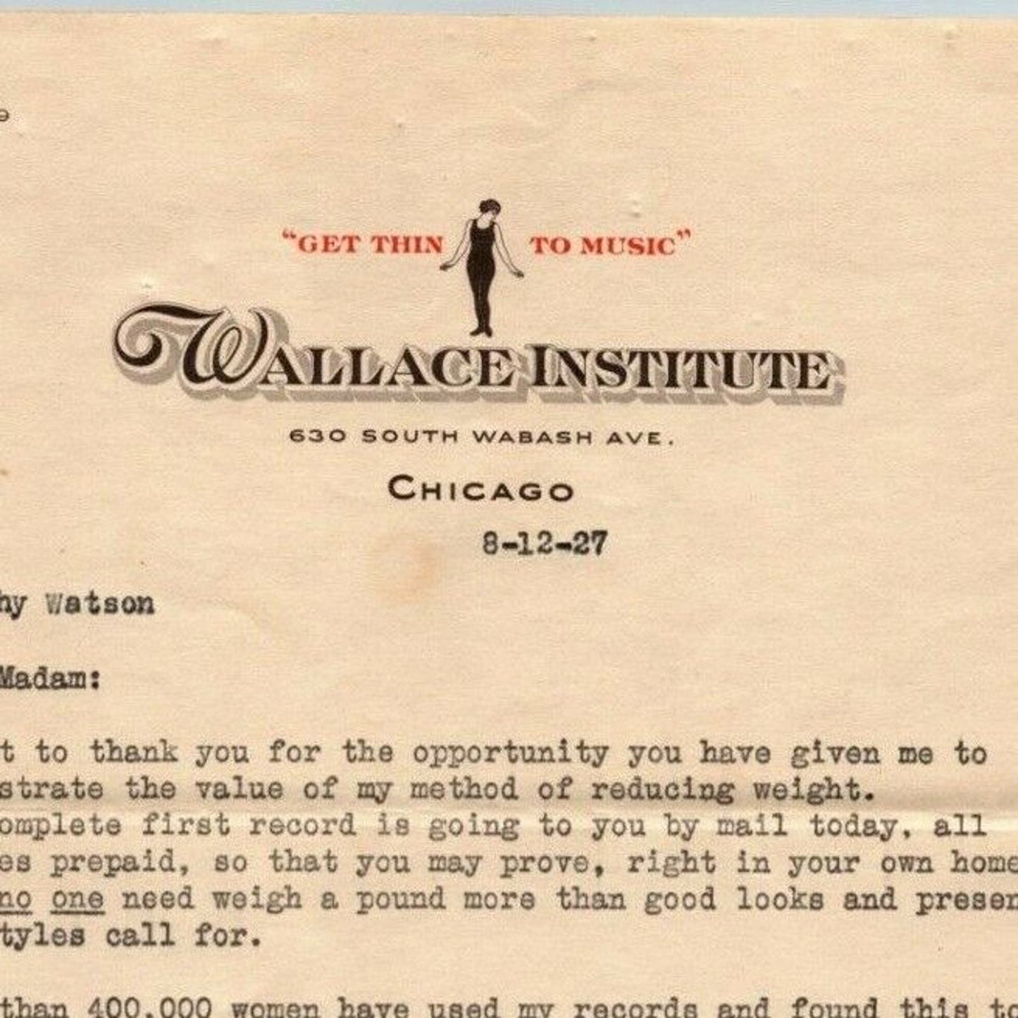1927 Chicago 2pp. Letterhead Wallace Institute "Get Thin to Music" Weight Loss