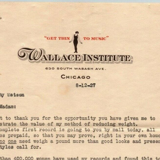 1927 Chicago 2pp. Letterhead Wallace Institute "Get Thin to Music" Weight Loss