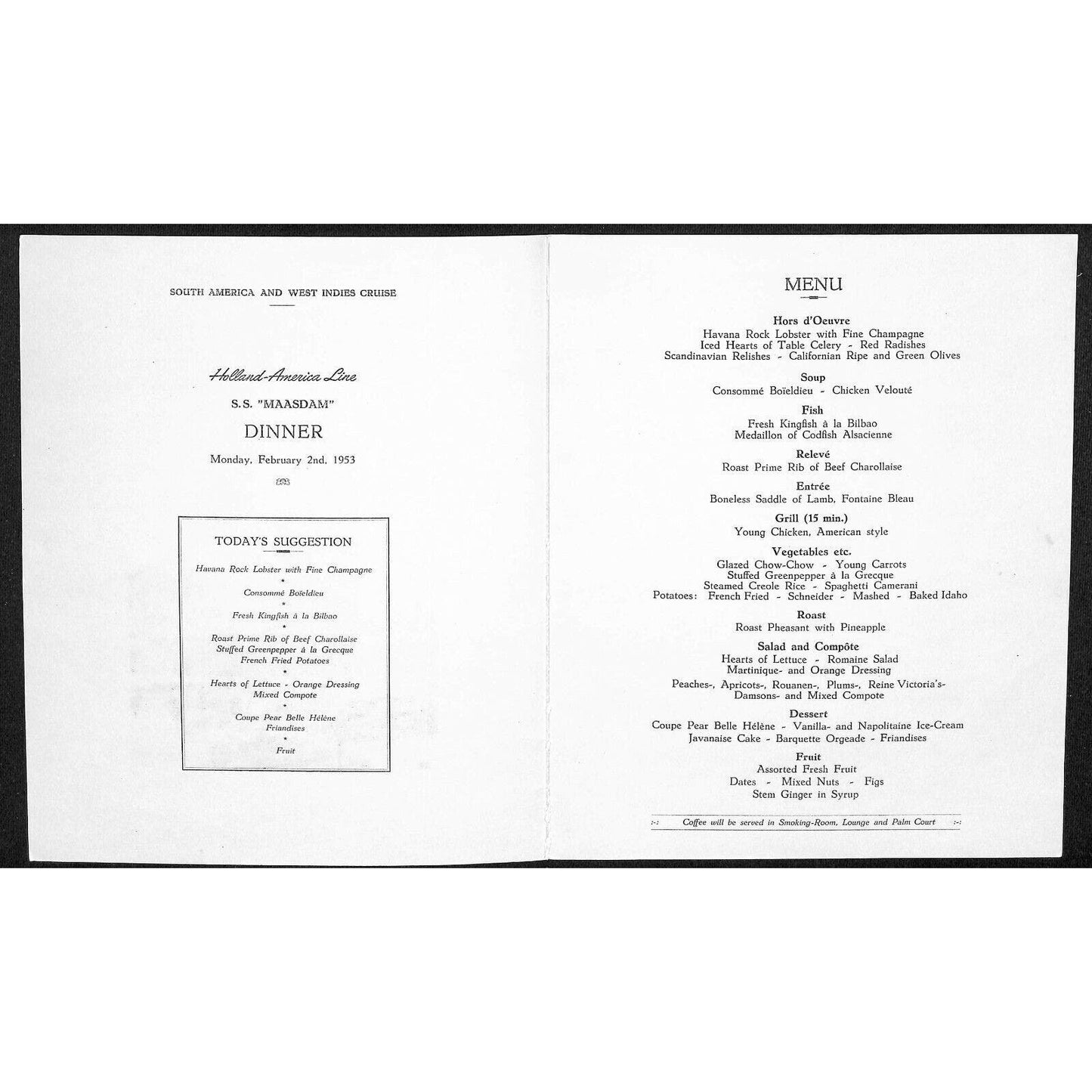 1953 Holland-America Maasdam West Indies Cruise Line Dinner Menu Feb 2 - VGC