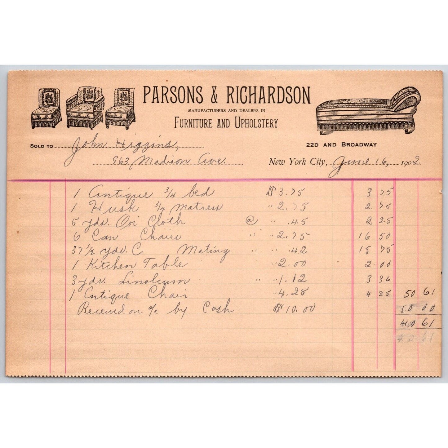 New York City Broadway - Parsons & Richardson Furniture Upholstery 1902 Billhead