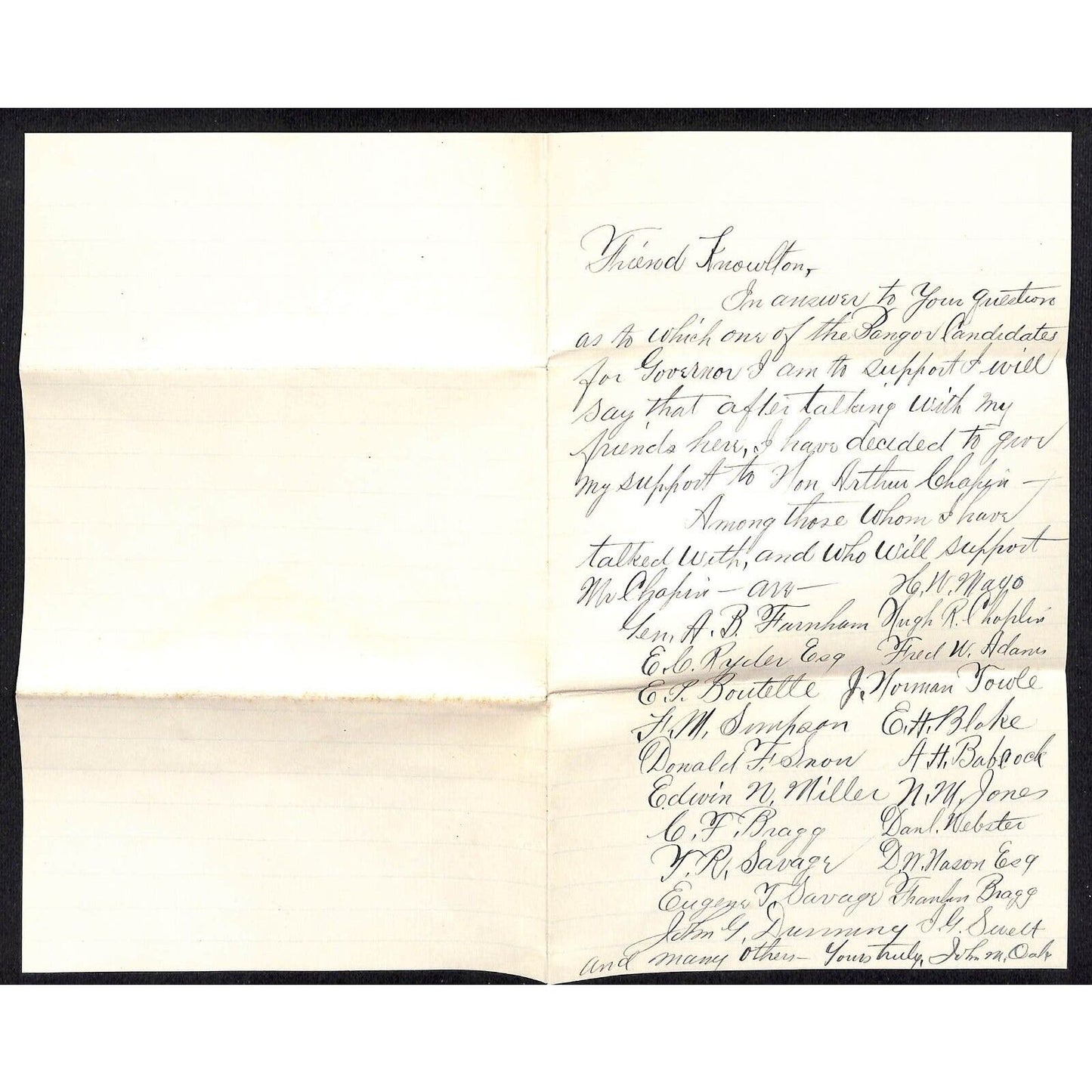 Newburg, ME Amos W. Knowlton* 1915 John M. Oak ALS re: Governor Support List VGC