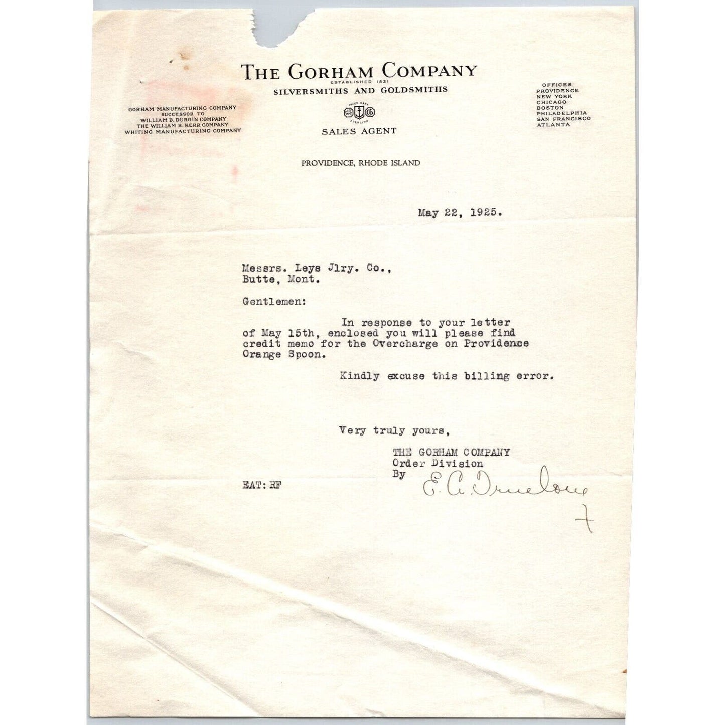 Gorham Co Silversmiths to "Leys" Jewelers Butte, MT 1925 Letterhead re: Credit