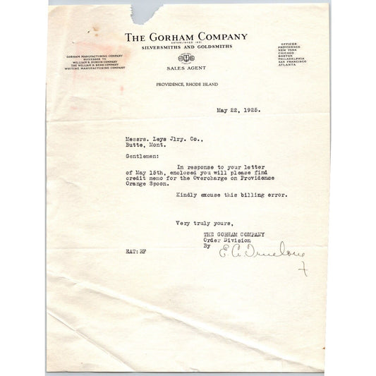 Gorham Co Silversmiths to "Leys" Jewelers Butte, MT 1925 Letterhead re: Credit