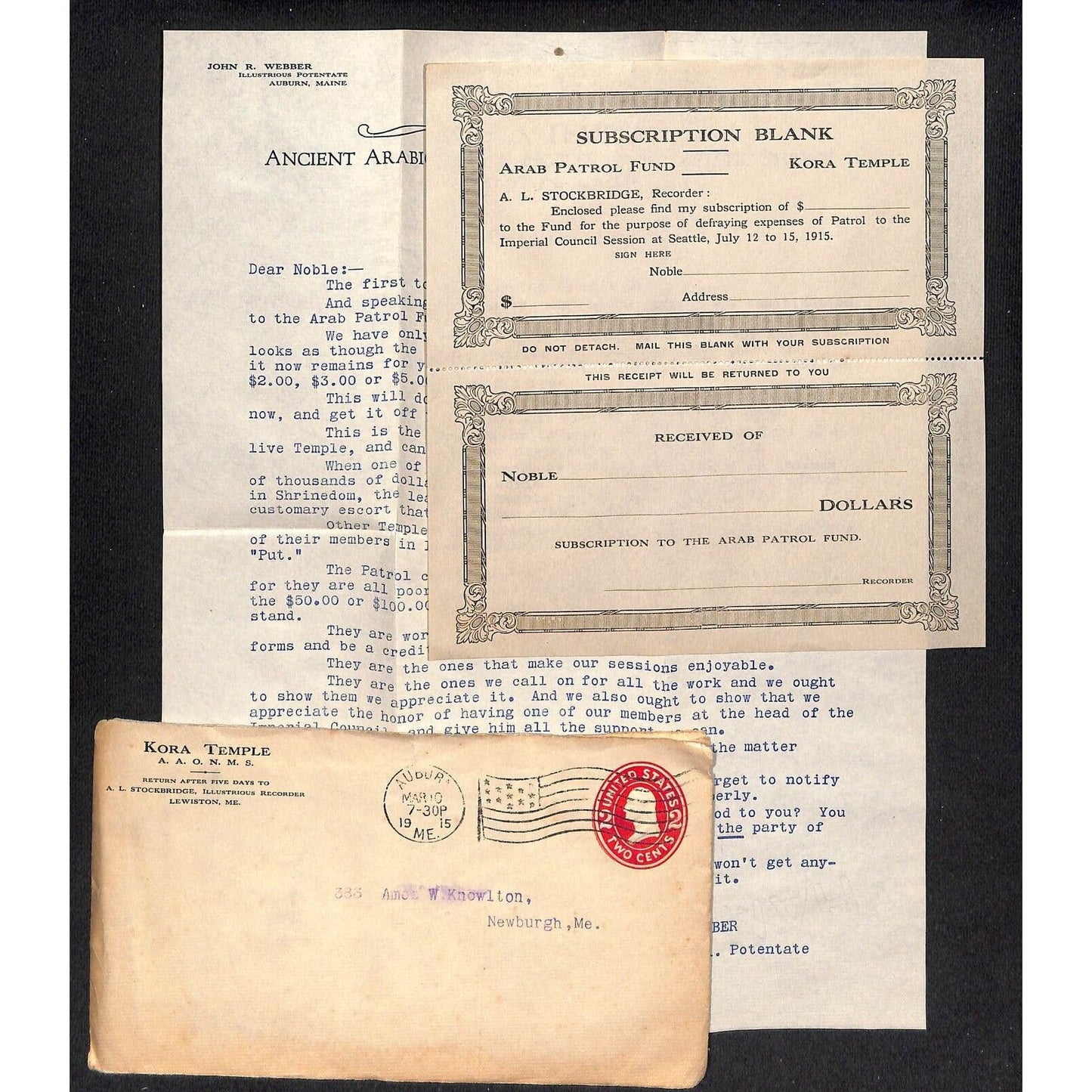 Newburgh, ME Amos W. Knowlton* 1915 "Kora Temple" Third Call Letterhead