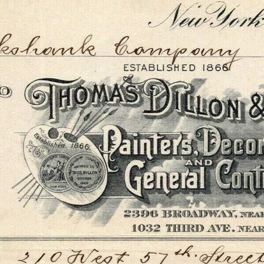 1916 "Thomas Dillon & Sons" Painters Decorators Billhead Letterhead 3rd Ave NYC