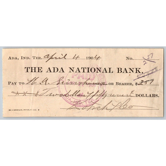 Ada, Oklahoma 1904 Indian Territory $2.57 Ada National Bank Check - Scarce