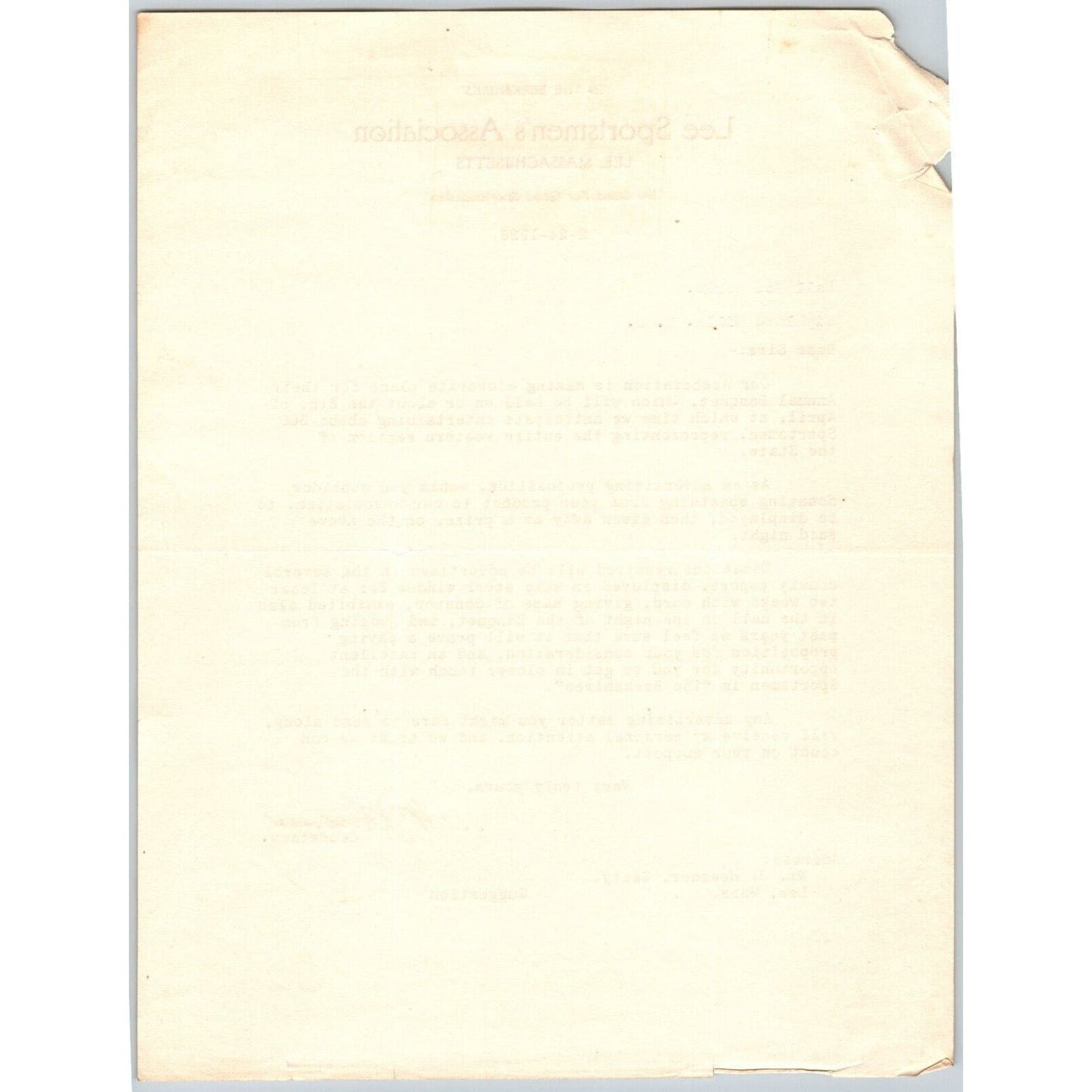 Lee, MASS Lee Sportsmen's Association 1926 Letterhead re: Annual Banquet