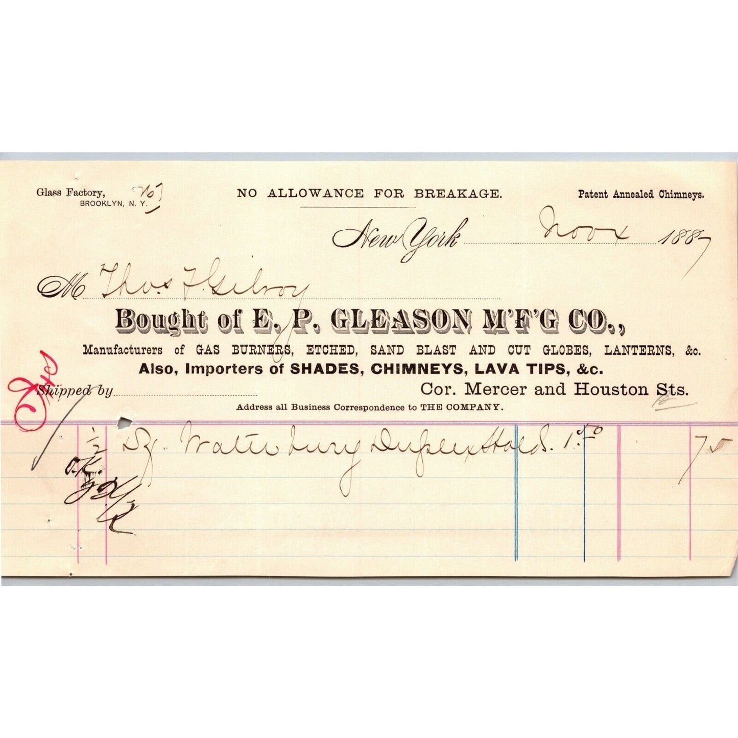 1887 "E. P. Gleason" Cut Glass Globes Billhead Letterhead Mercer St., NYC