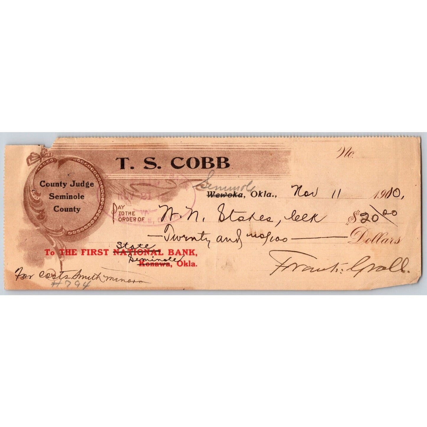 Wewoka / Seminole, Oklahoma 1910 County Judge - T.S. Cobb