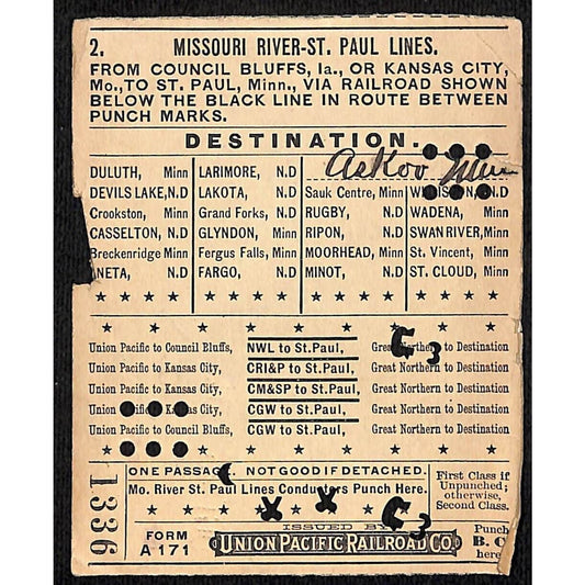 1912 Union Pacific Railroad Ticket Missouri River St. Paul Council Bluffs #1336