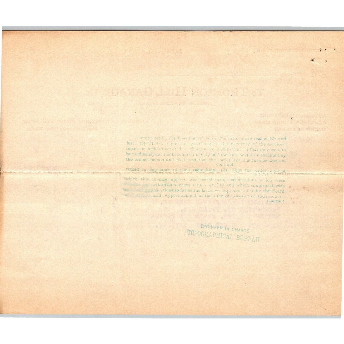 Long Island City NY Billhead Letterhead 1910 Thomson Hill Garage James Hawkins