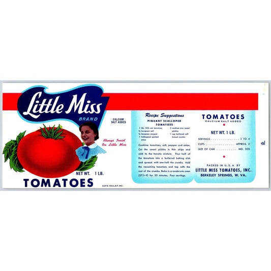 Little Miss Tomatoes Paper Can Label Berkley Springs, W. VA 1952 Scarce