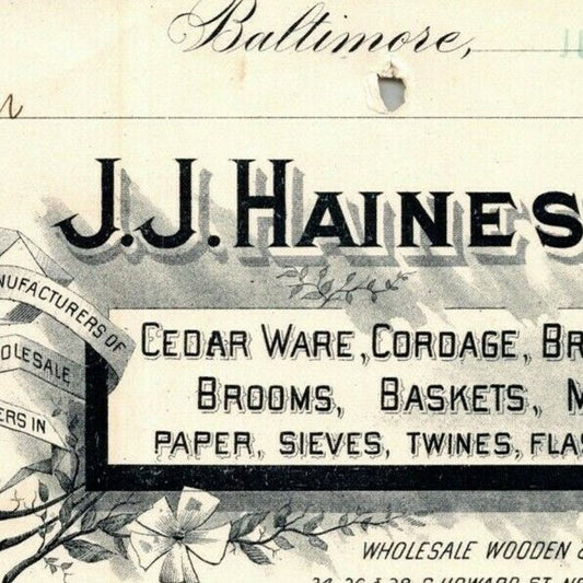 1897 Letterhead Billhead J.J. Haines Cedar Ware Mats Baltimore Ephraim Baker*