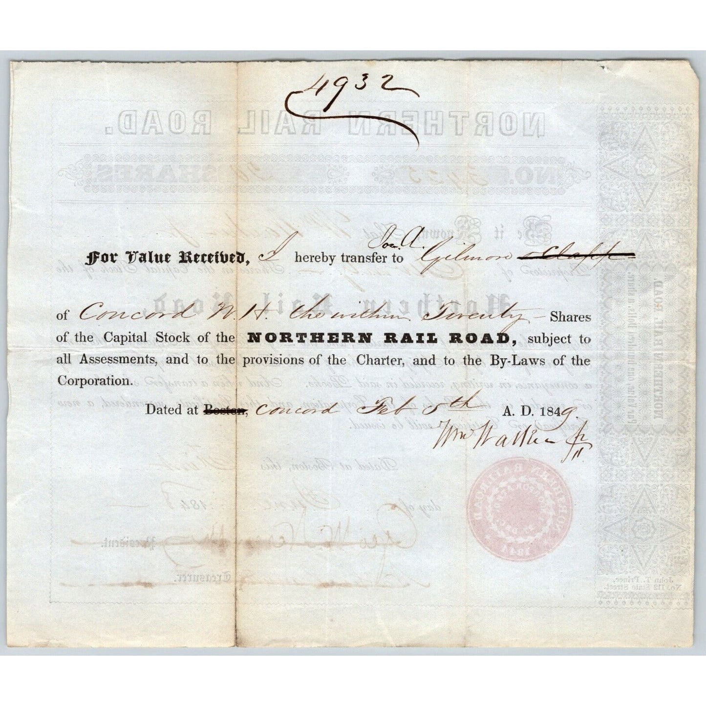 1848 Boston, MA Northern Railroad Stock Certificate No. 3425 for 20 Shares