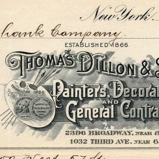 1916 "Thomas Dillon & Sons" Painters Decorators Billhead Letterhead 3rd Ave NYC