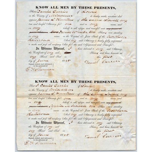 1848 Legal Document Power of Atty? re: Northern Railroad Stock Daniel Currier